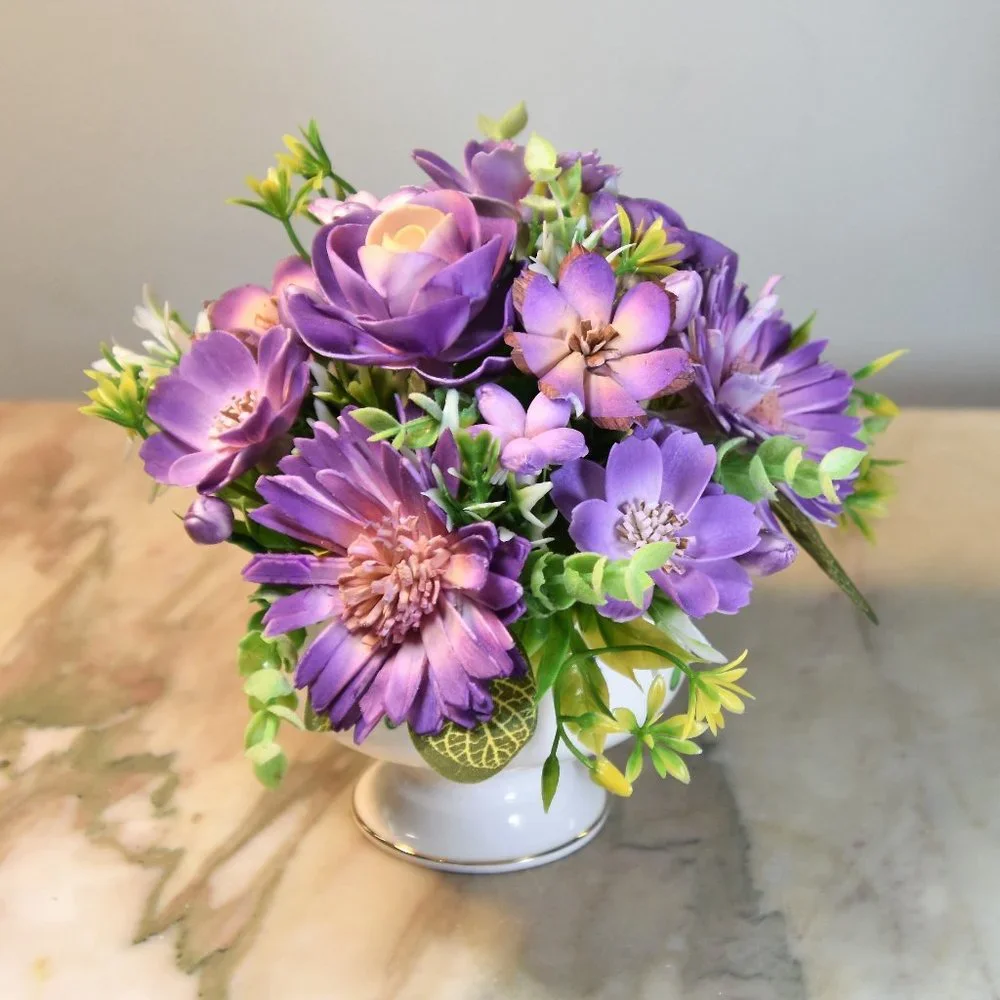 Pretty vintage pedestal sherbet bowl filled with hand painted Sola wood flowers